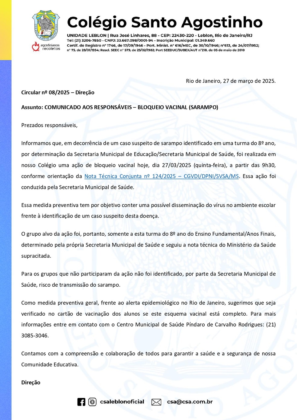 Circular divulgada pelo Colégio Santo Agostinho em função da suspeita — Foto: Reprodução