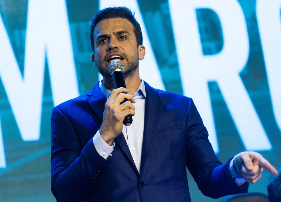 O ex-coach Pablo Marçal (PRTB) durante o lançamento de sua candidatura a prefeito de São Paulo — Foto: Maria Isabel Oliveira/O Globo