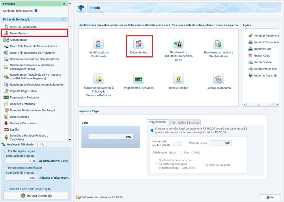 Clique na opção "Dependentes" no Programa de Imposto de Renda 2025 — Foto: Reprodução