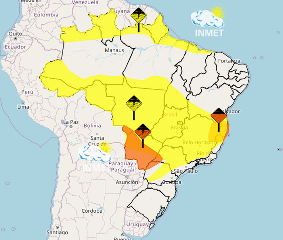 Alertas do Inmet para este sábado — Foto: Inmet