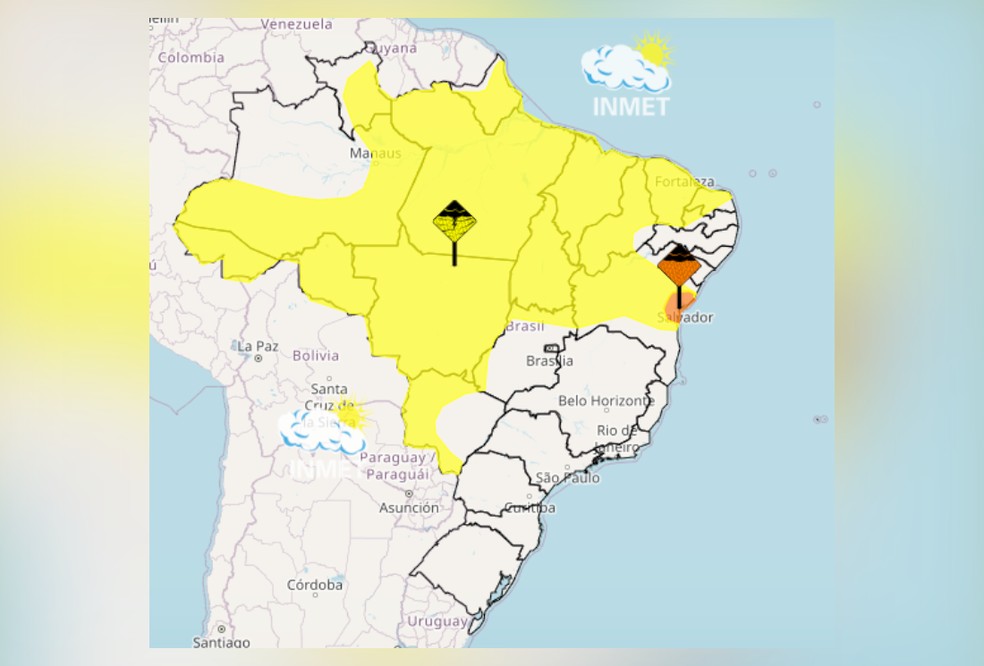 Alertas do Inmet para esta quarta-feira — Foto: Reprodução/Inmet