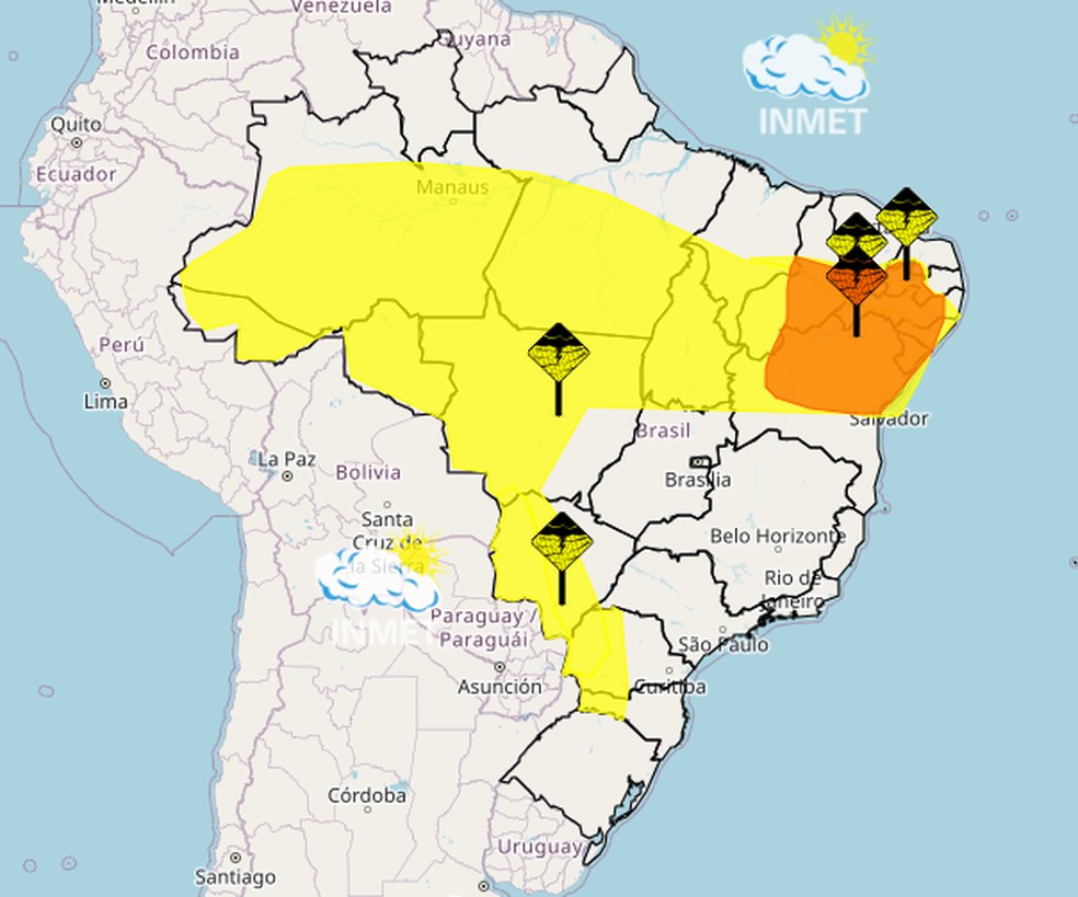 Alertas do Inmet para este domingo — Foto: Inmet