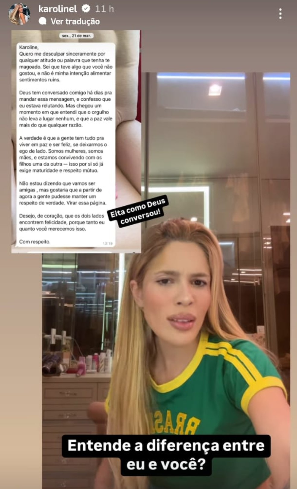 Karoline Lima expôs mensagem de Tainá Castro nas redes — Foto: Reprodução Instagram
