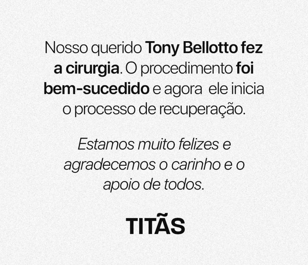 Tony Bellotto passa por cirurgia após diagnóstico de câncer no pâncreas — Foto: Reprodução/Instagram
