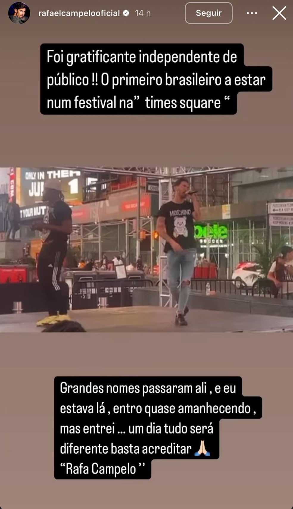 Cantor brasileiro agradece apoio após apresentação com plateia quase vazia nos EUA: 'Um dia será diferente, meu nome vai ser grande' — Foto: Reprodução/Instagram