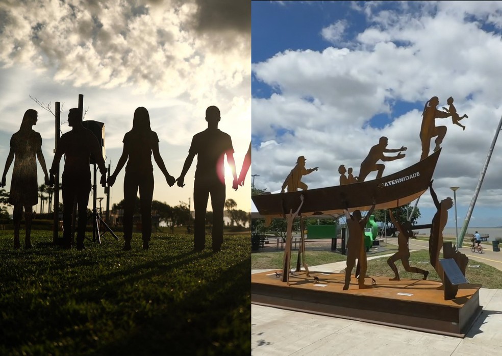 À esquerda, o Monumento aos Voluntários Anônimos, no Parque do Pontal; à direita, está o movimento erguido às margens do Guaíba. — Foto: Reprodução/TV Globo e Renan Mattos/Agência RBS