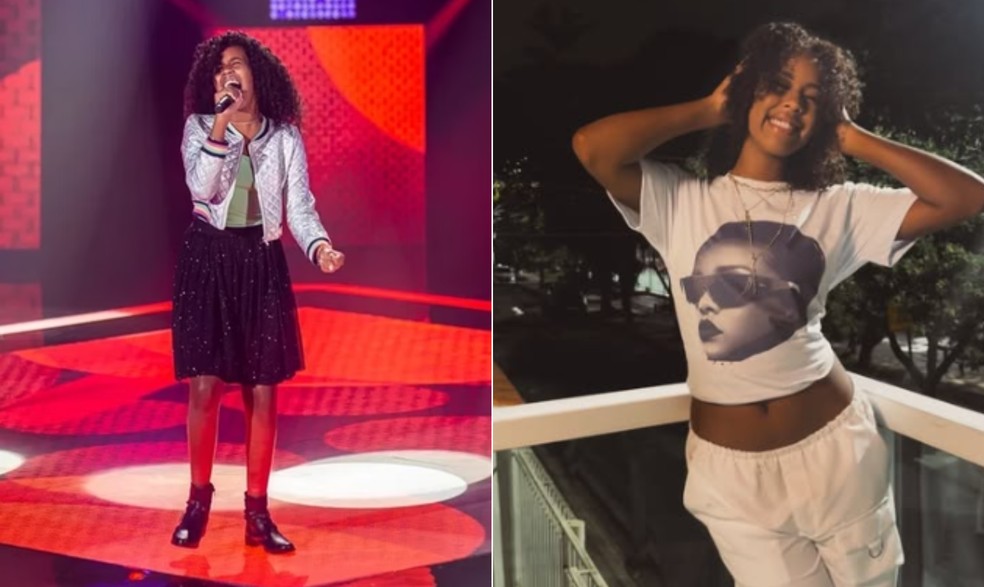 Karen Silva no 'The Voice Kids' e em postagem recente — Foto: Reprodução