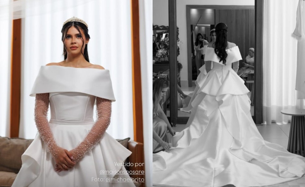 Detalhes do vestido de noiva de Thuani Todeschini, nora da influenciadora Maíra Cardi — Foto: Divulgação @michaelbrito