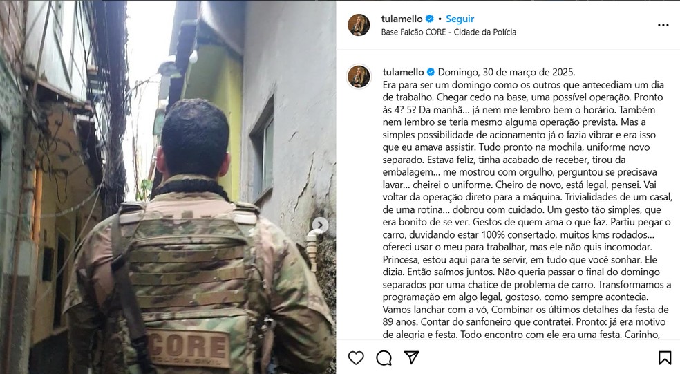 Em longo desabafo nas redes, juíza Tula Mello trouxe detalhes do dia em que marido foi assassinado — Foto: Reprodução / Instagram