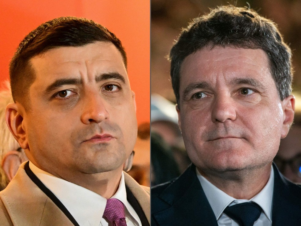 Montagem com imagens dos candidatos à Presidência da Romênia George Simion (E), de extrema direita, e Nicusor Dan (D), de centro — Foto: Daniel MIHAILESCU e Mihai Barbu / AFP