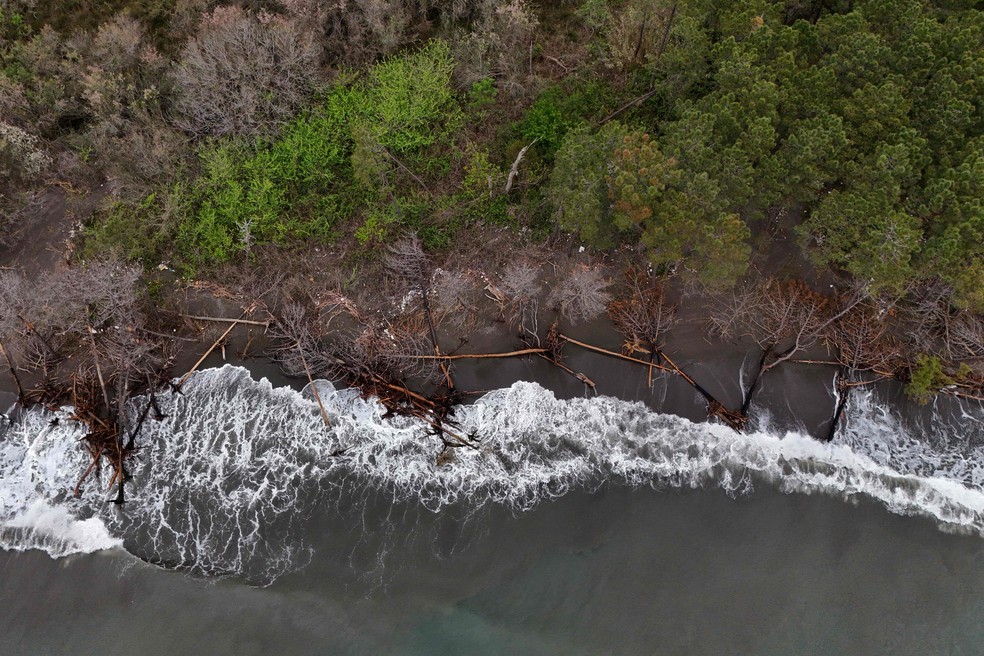 Imagem aérea mostra o mar avançando sobre uma parte do litoral em Velipoja, na Albânia — Foto: Adnan Beci / AFP