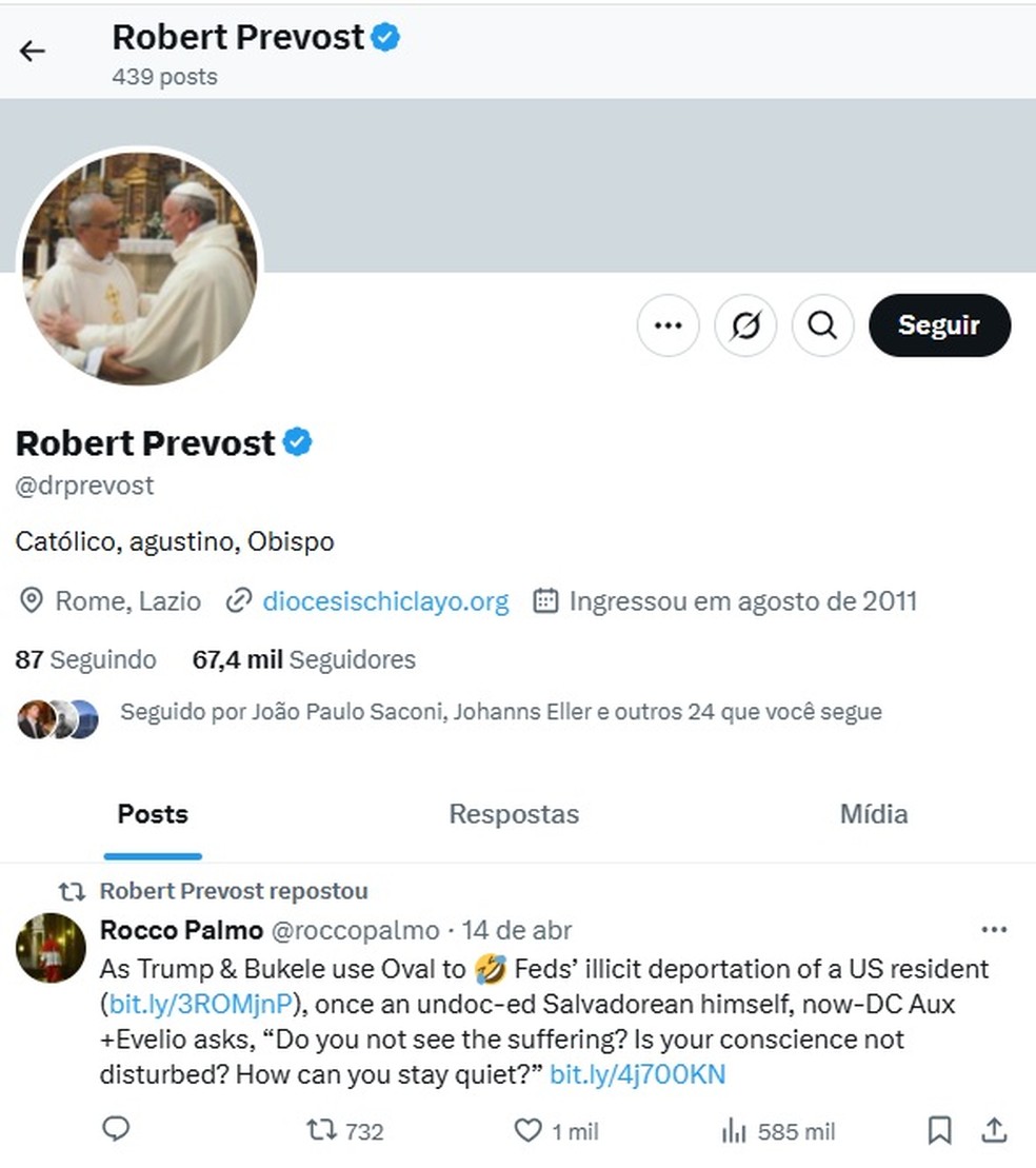 X de Robert Prevost, novo Papa — Foto: Reprodução