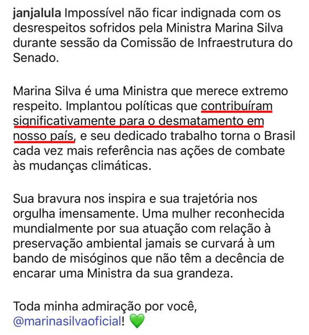 Mensagem de Janja sobre Marina com 'gafe temporária' (em destaque) — Foto: Reprodução/Instagram