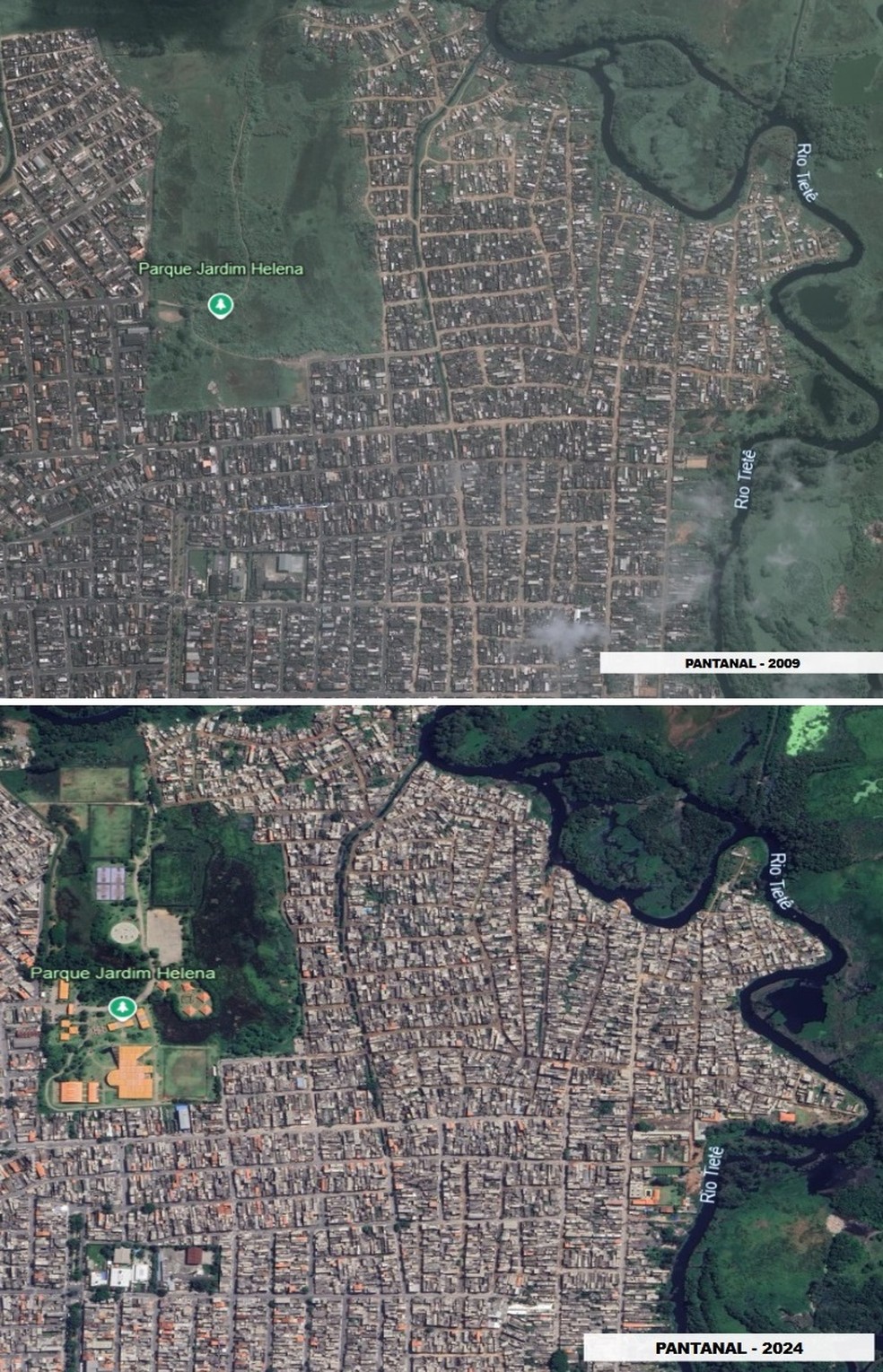 Imagens da prefeitura de 2009 e 2024 mostram o avanço da ocupação nas margens do Rio Tietê — Foto: Prefeitura de São Paulo