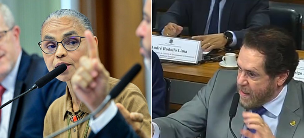 Marina Silva e Plínio Valério durante bate-boca em comissão do Senado — Foto: Agência Senado e reprodução