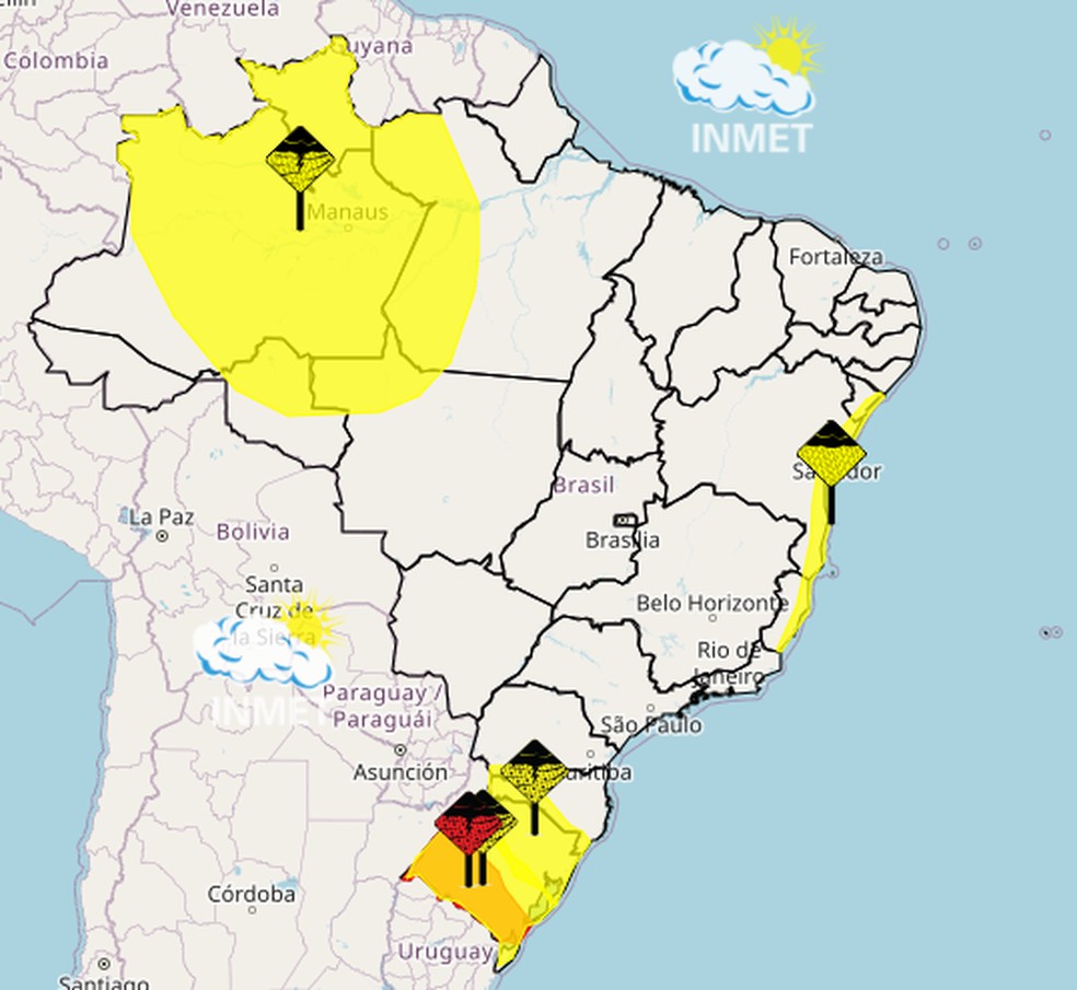 Alertas do Inmet para esta quinta-feira — Foto: Inmet