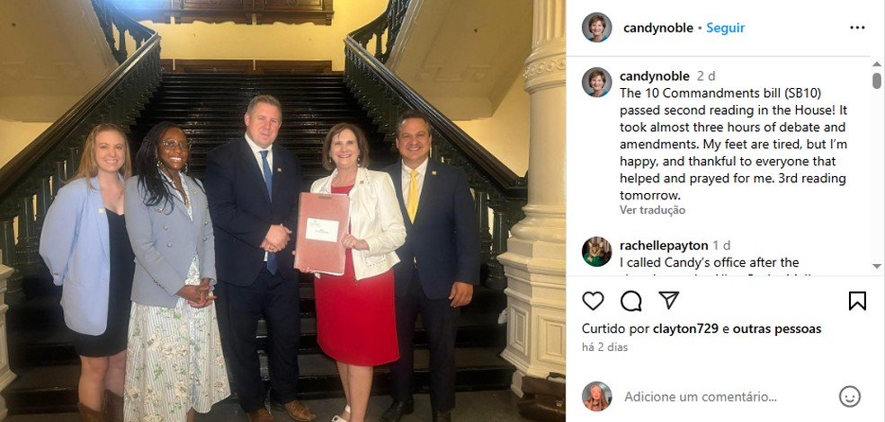 A publicação da deputada Candy Noble, do Texas — Foto: Reprodução/Instagram
