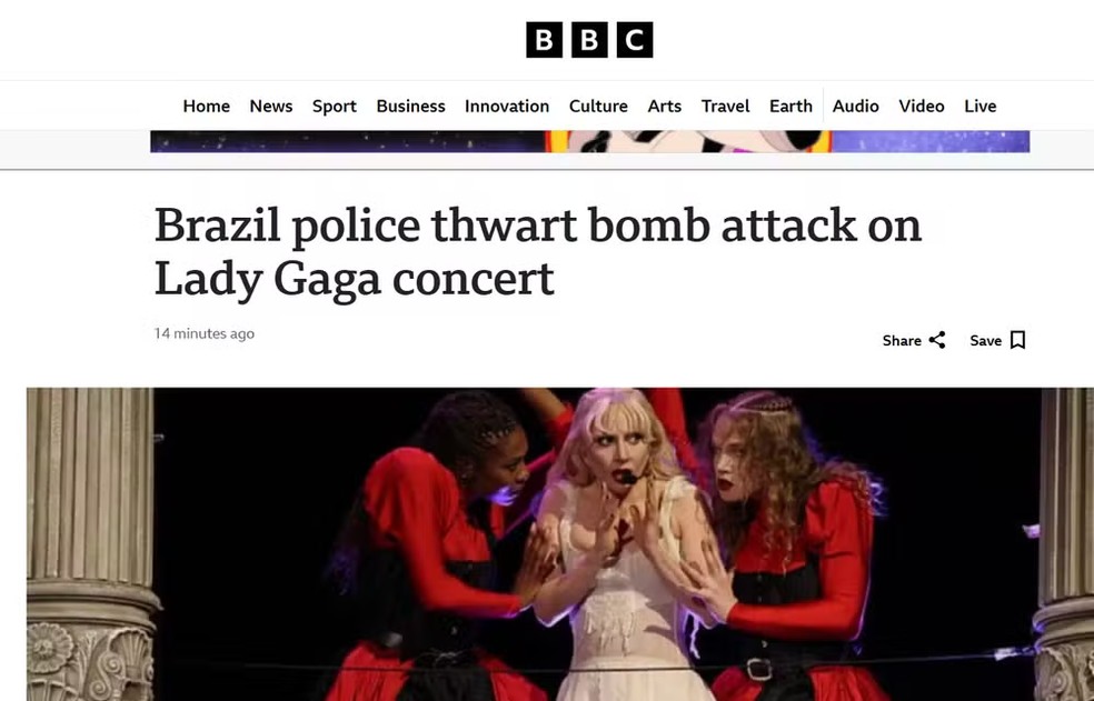 Imprensa internacional repercute ação policial contra ataque a bomba em show de Lady Gaga — Foto: Reprodução