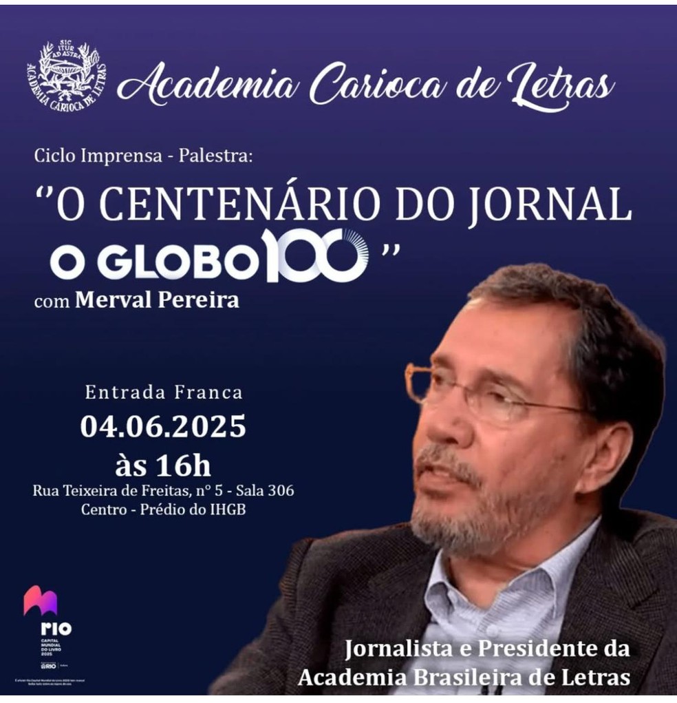 Palestra de Merval Pereira na Academia Carioca de Letras — Foto: Divulgação