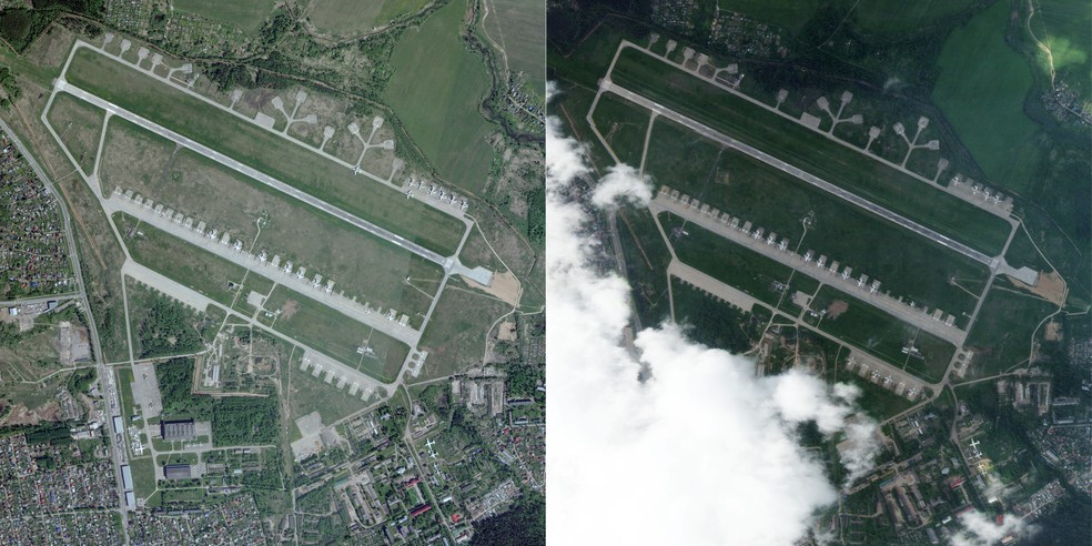 Imagens de satélite mostram antes e depois do ataque ucraniano à base aérea de Ivanovo, que destruiu bombardeiros russos — Foto: AFP PHOTO / 2025 PLANET LABS PBC