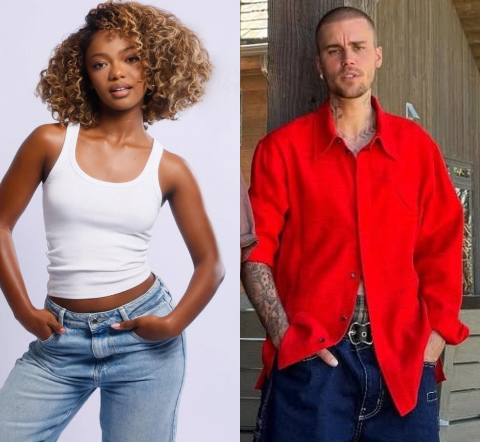 Cecília Chancez e Justin Bieber — Foto: Ygor Marques e Reprodução/Instagram