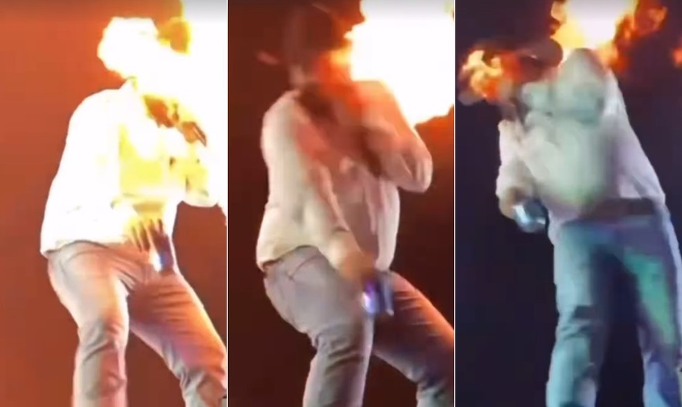 Cantor sertanejo Léo Oliveira é atingido por fogo no rosto durante show — Foto: Reprodução/Instagram