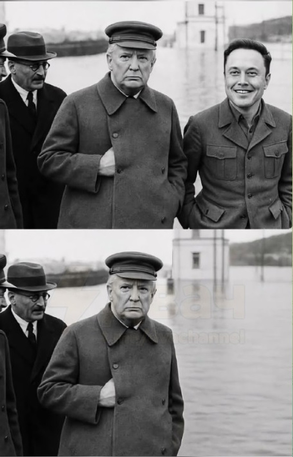 Montagem com os rostos de Donald Trump e Elon Musk sobre imagem do ex-líder da União Soviética Josef Stalin e do chefe da NKVD Nikolai Yejov — Foto: Reprodução / Redes Sociais