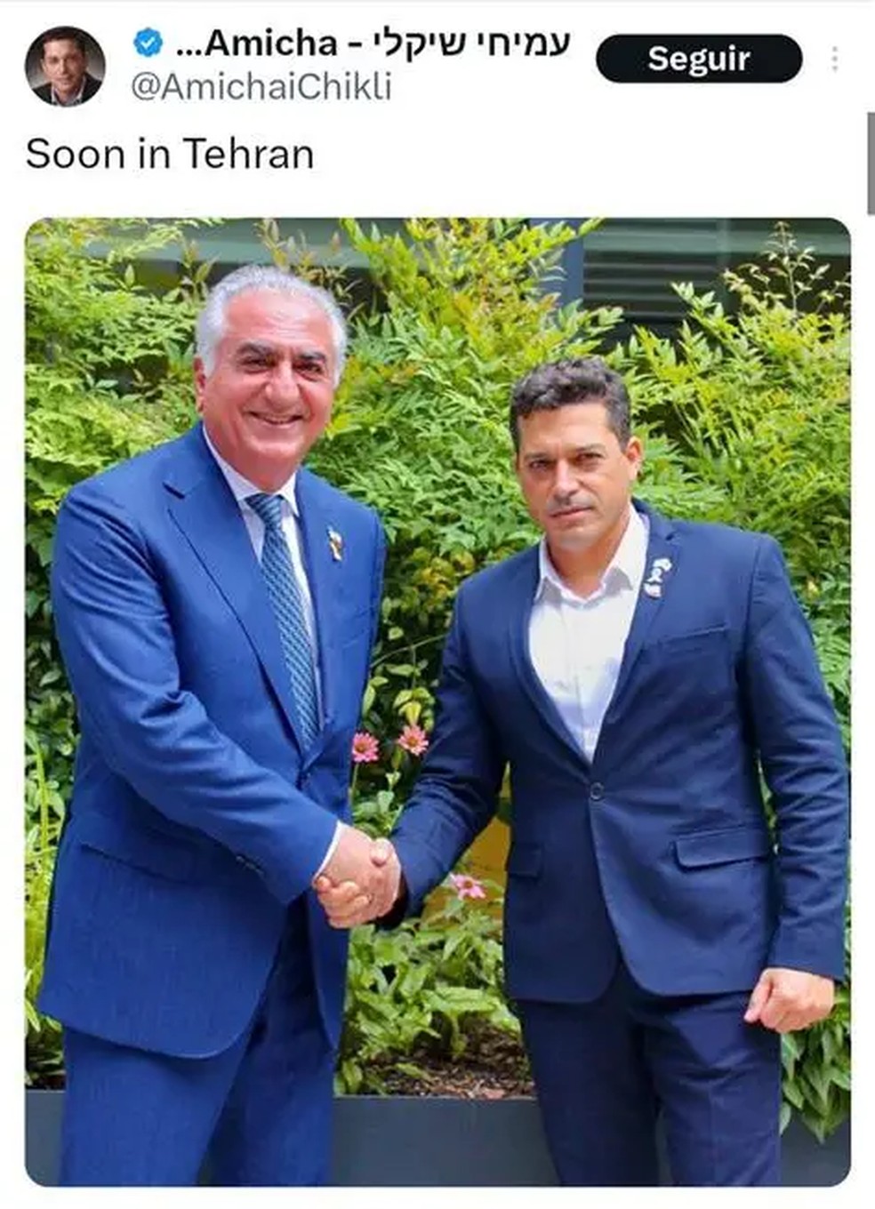 Ministro israelense posa ao lado de ex-príncipe herdeiro do Irã — Foto: Reprodução/X