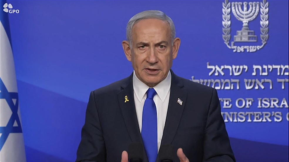 Primeiro-ministro de Israel, Benjamin Netanyahu, em pronunciamento após ataque contra o Irã — Foto: GPO / AFP