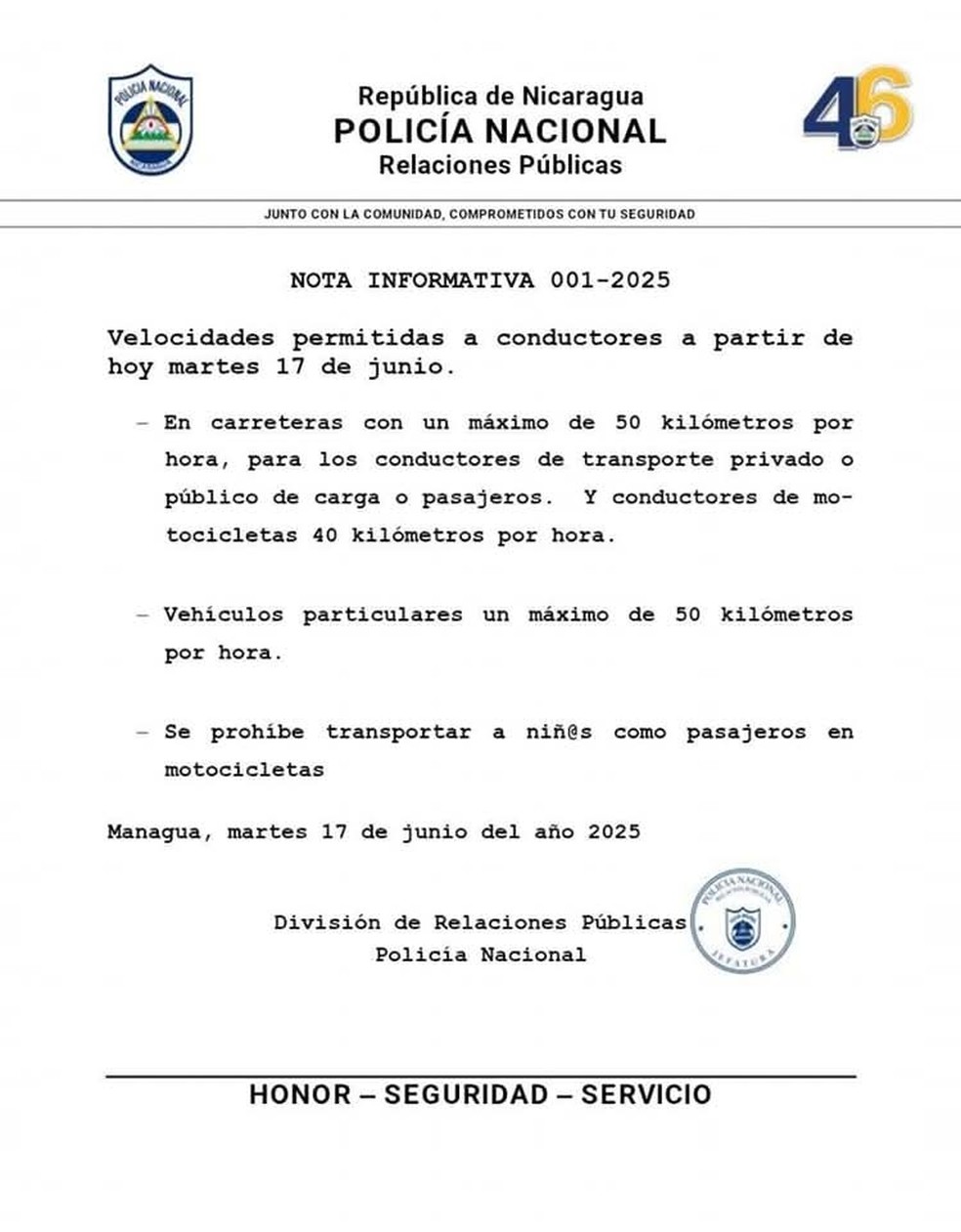 Nicarágua reduz limite de velocidade nas estradas pela metade e gera críticas nas redes sociais — Foto: Divulgação/Polícia Nacional da Nicarágua