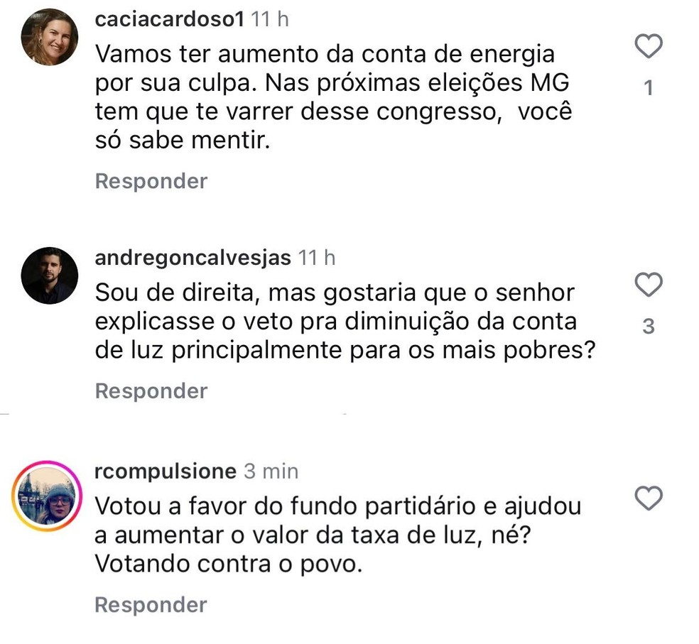 Seguidores criticam voto de Nikolas Ferreira a favor de derrubada de veto de Lula que impedia aumento na conta de luz — Foto: Reprodução/Instagram