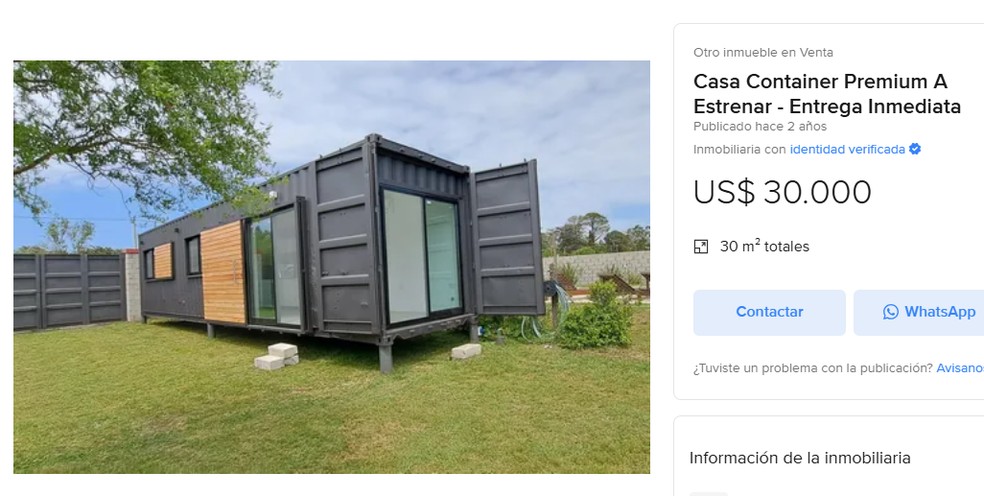 Anúncio de "casa contêiner" sendo vendida pela internet na Argentina — Foto: Reprodução/Mercado Livre