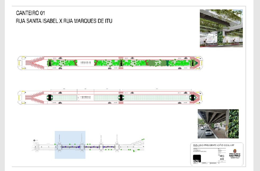 Projeção de jardins e trepadeiras sob o Minhocão — Foto: Divulgação/Prefeitura de São Paulo