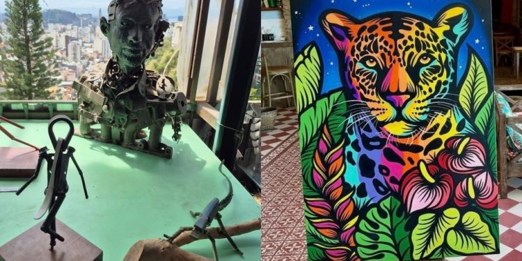 Da esquerda para direita: esculturas feitas por Pedro Grapiúna e quadro pintado por Rafa Mon — Foto: Reprodução