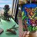 Da esquerda para direita: esculturas feitas por Pedro Grapiúna e quadro pintado por Rafa Mon — Foto: Reprodução
