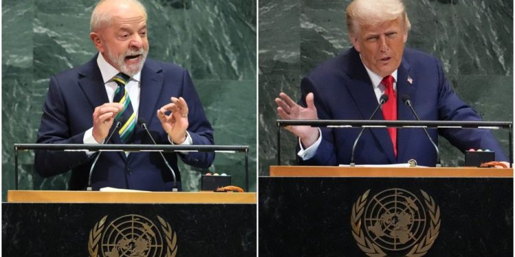 O presidente brasileiro Lula e o presidente americano Donald Trump discursaram na abertura da Assembleia da ONU — Foto: AFP