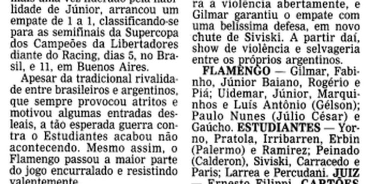 Matéria do GLOBO sobre Flamengo x Estudiantes na Supercopa Libertadores 1992 — Foto: Arquivo/O Globo