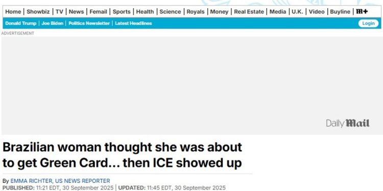 Imprensa internacional repercute prisão de cineasta brasileira pelo ICE em entrevista de green card — Foto: Reprodução/Daily Mail