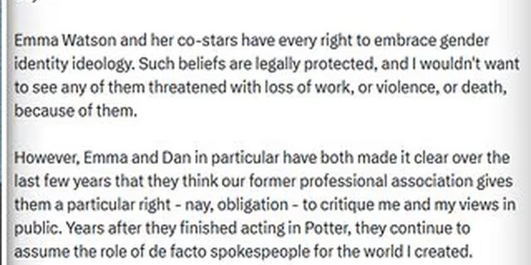 JK Rowling critica Hermione nas redes sociais — Foto: Reprodução/X