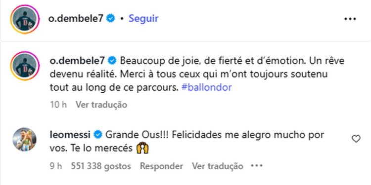 Messi parabeniza Dembélé pela conquista da Bola de Ouro — Foto: Reprodução