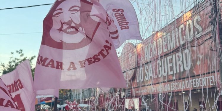 Cortejo tradicional do Salgueiro toma a Rua Silva Teles após anúncio dos sambas vencedores, já na manhã de domingo (28) — Foto: Pedro Willmersdorf