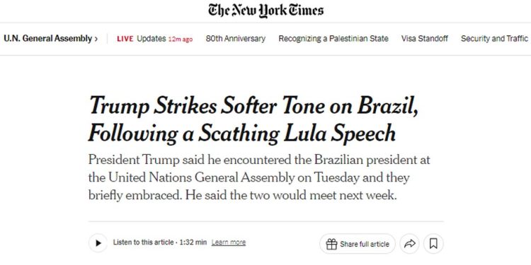 The New York Times destaca 'tom ameno' de Trump em aceno a Lula — Foto: Reprodução/NYT