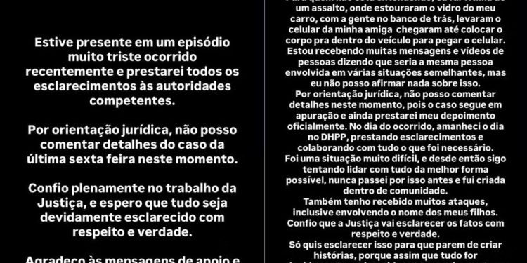 Postagens da influenciadora digital Nina Santos comenta o crime ocorrido na rua Comendador Nestor Pestana, no bairro do Canindé, Centro de São Paulo — Foto: Reprodução/Instagram