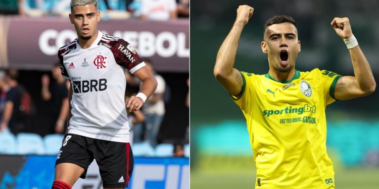 Vilão para o Flamengo na Libertadores de 2021, Andreas Pereira reencontra rubro-negro pelo Palmeiras em nova final — Foto: Alexandre Vidal / Flamengo; Cesar Greco/Palmeiras
