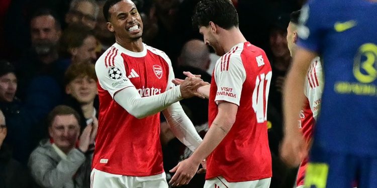 Gabriel Magalhães marcou na goleada do Arsenal sobre o Atlético de Madrid pela Champions League — Foto: Ben STANSALL / AFP
