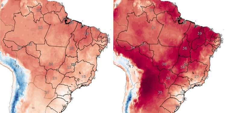 Previsão da temperatura mínima (esquerda) e máxima (direita) para sábado, 10 de outubro — Foto: Reprodução / Inpe
