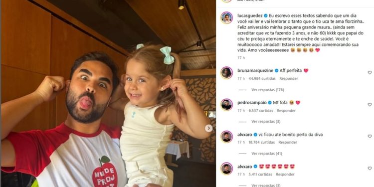 Lucas Guedez parabenizou Maria Flor, filha de Virgínia e Zé Felipe, nas redes — Foto: Reprodução Instagram