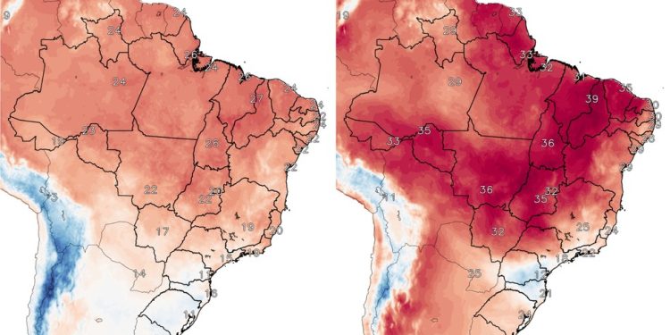 Previsão da temperatura mínima (esquerda) e máxima (direita) para quinta-feira, 9 de outubro — Foto: Reprodução / Inpe