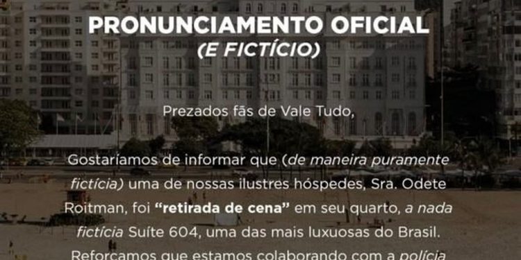 Pronunciamento do Copacabana Palace após morte de Odete Roitman — Foto: Reprodução