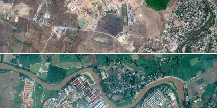 O complexo KK Park, no leste de Mianmar, em 2 de março de 2025 (acima) e 18 de setembro de 2025 (abaixo): imagens comprovam que centros de fraudes não foram destruídos — Foto: 2025 Planet Labs PBC / AFP